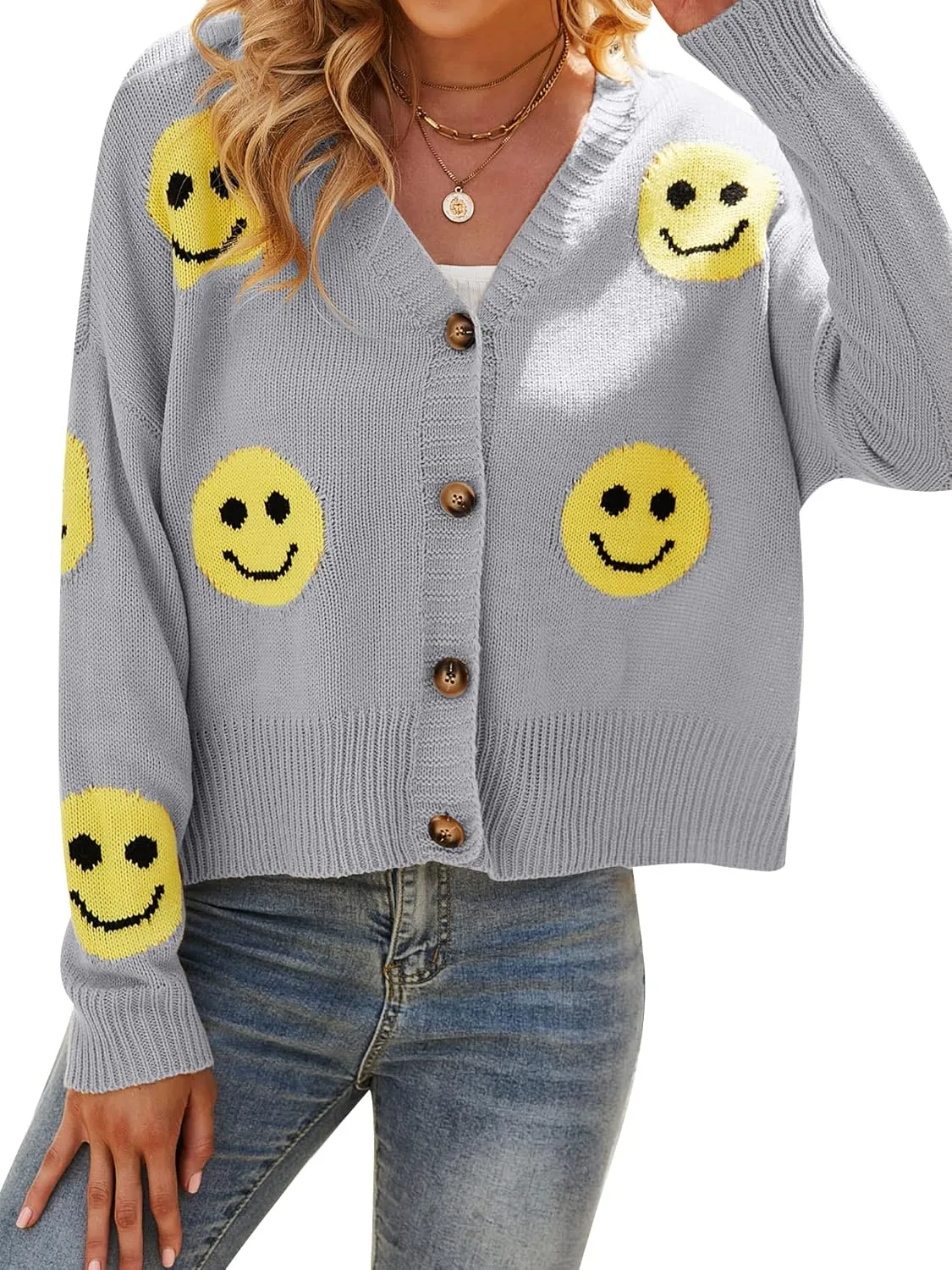 Ezcosplay Women Happy Smile Cardigan Graphic Print Button Down Sweater Long Sleeve Open Front Knitwear