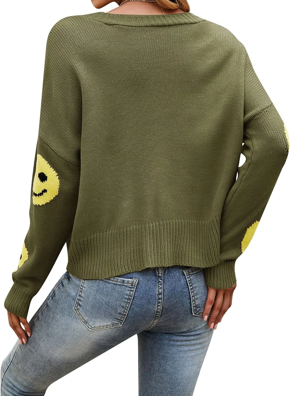 Ezcosplay Women Happy Smile Cardigan Graphic Print Button Down Sweater Long Sleeve Open Front Knitwear