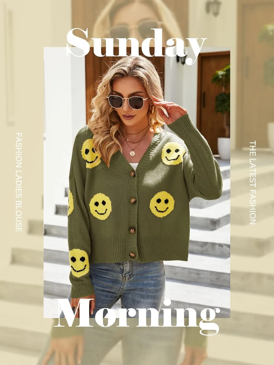 Ezcosplay Women Happy Smile Cardigan Graphic Print Button Down Sweater Long Sleeve Open Front Knitwear