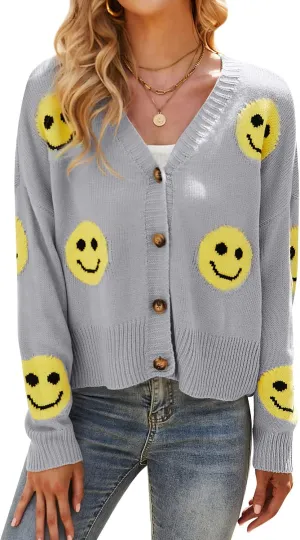 Ezcosplay Women Happy Smile Cardigan Graphic Print Button Down Sweater Long Sleeve Open Front Knitwear