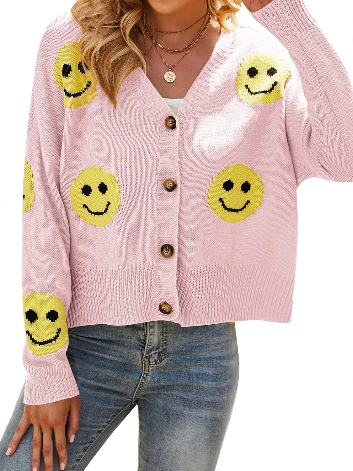 Ezcosplay Women Happy Smile Cardigan Graphic Print Button Down Sweater Long Sleeve Open Front Knitwear