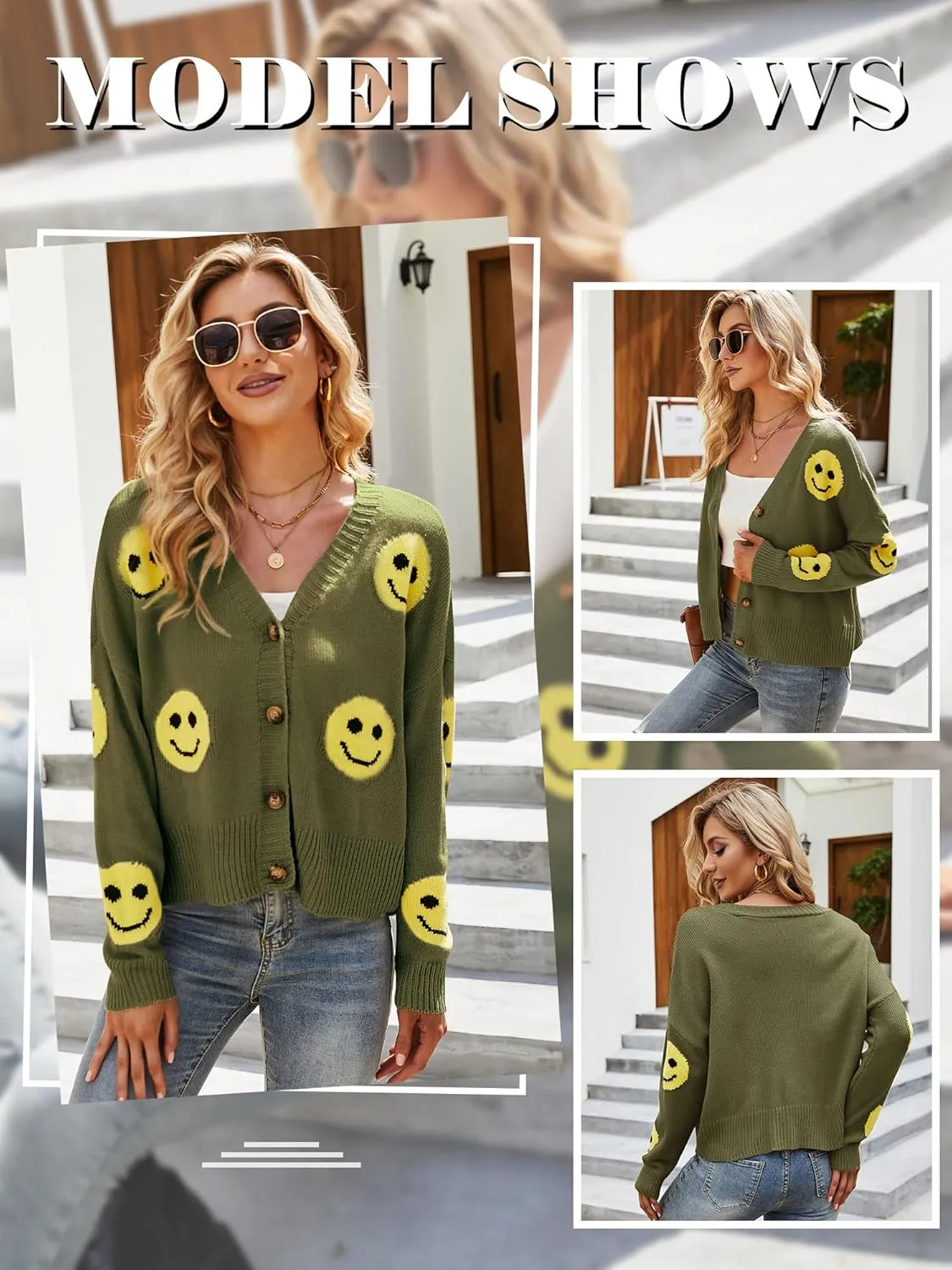 Ezcosplay Women Happy Smile Cardigan Graphic Print Button Down Sweater Long Sleeve Open Front Knitwear