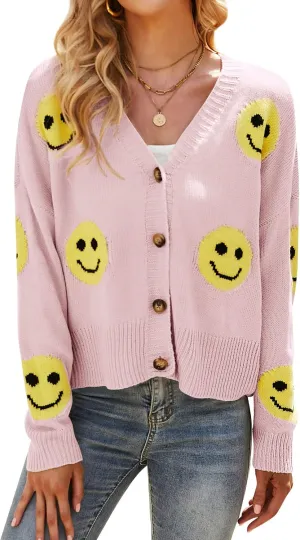 Ezcosplay Women Happy Smile Cardigan Graphic Print Button Down Sweater Long Sleeve Open Front Knitwear