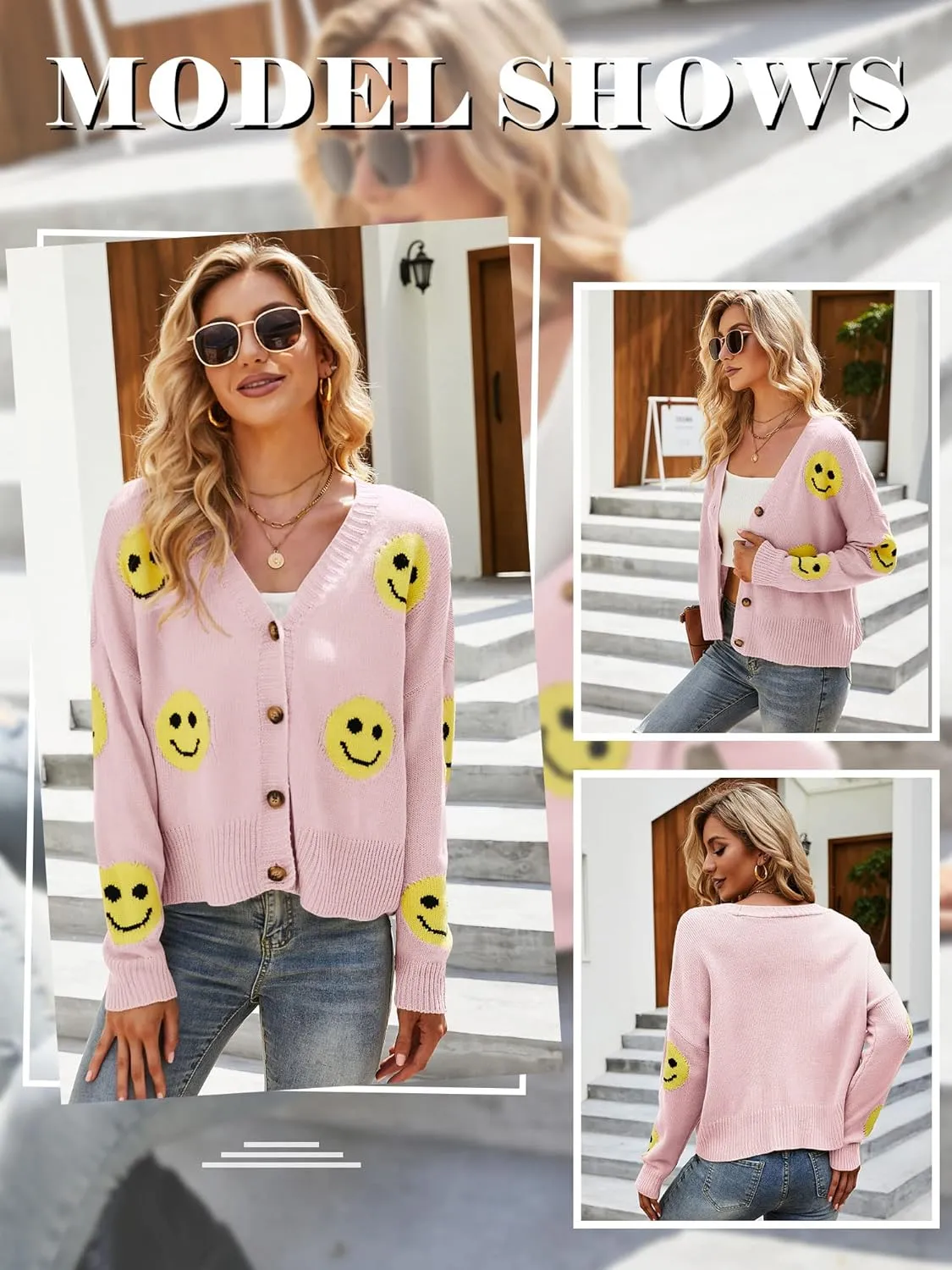 Ezcosplay Women Happy Smile Cardigan Graphic Print Button Down Sweater Long Sleeve Open Front Knitwear