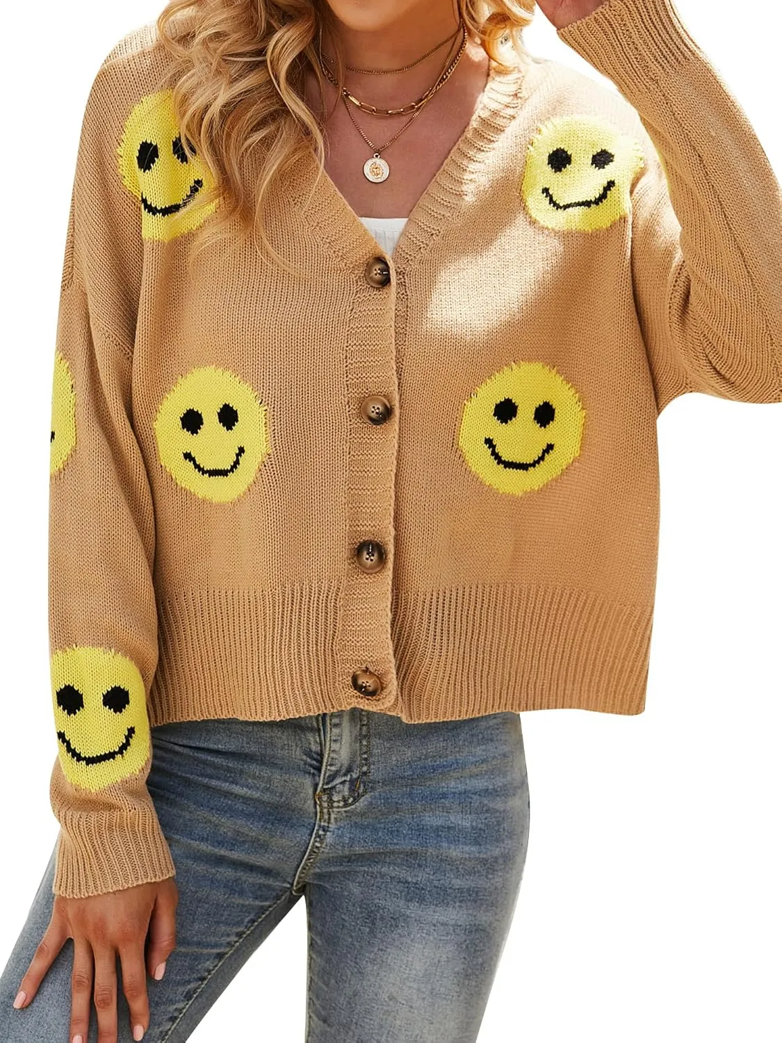 Ezcosplay Women Happy Smile Cardigan Graphic Print Button Down Sweater Long Sleeve Open Front Knitwear