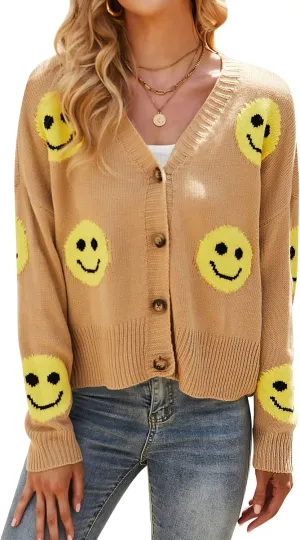 Ezcosplay Women Happy Smile Cardigan Graphic Print Button Down Sweater Long Sleeve Open Front Knitwear