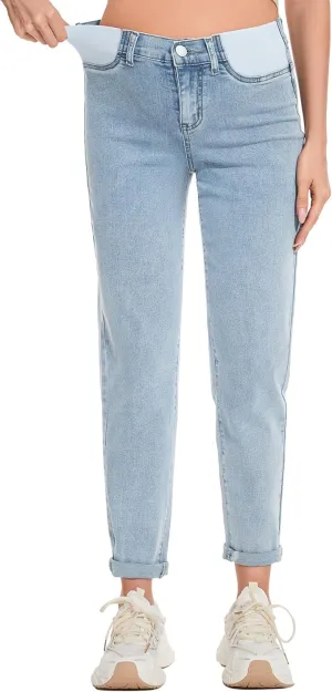FABRACK Women's Maternity Jeans Mid-Rise Stretchy Boyfriend Jeans Under Belly Pregnancy Denim Pants with Elastic Inset Panel