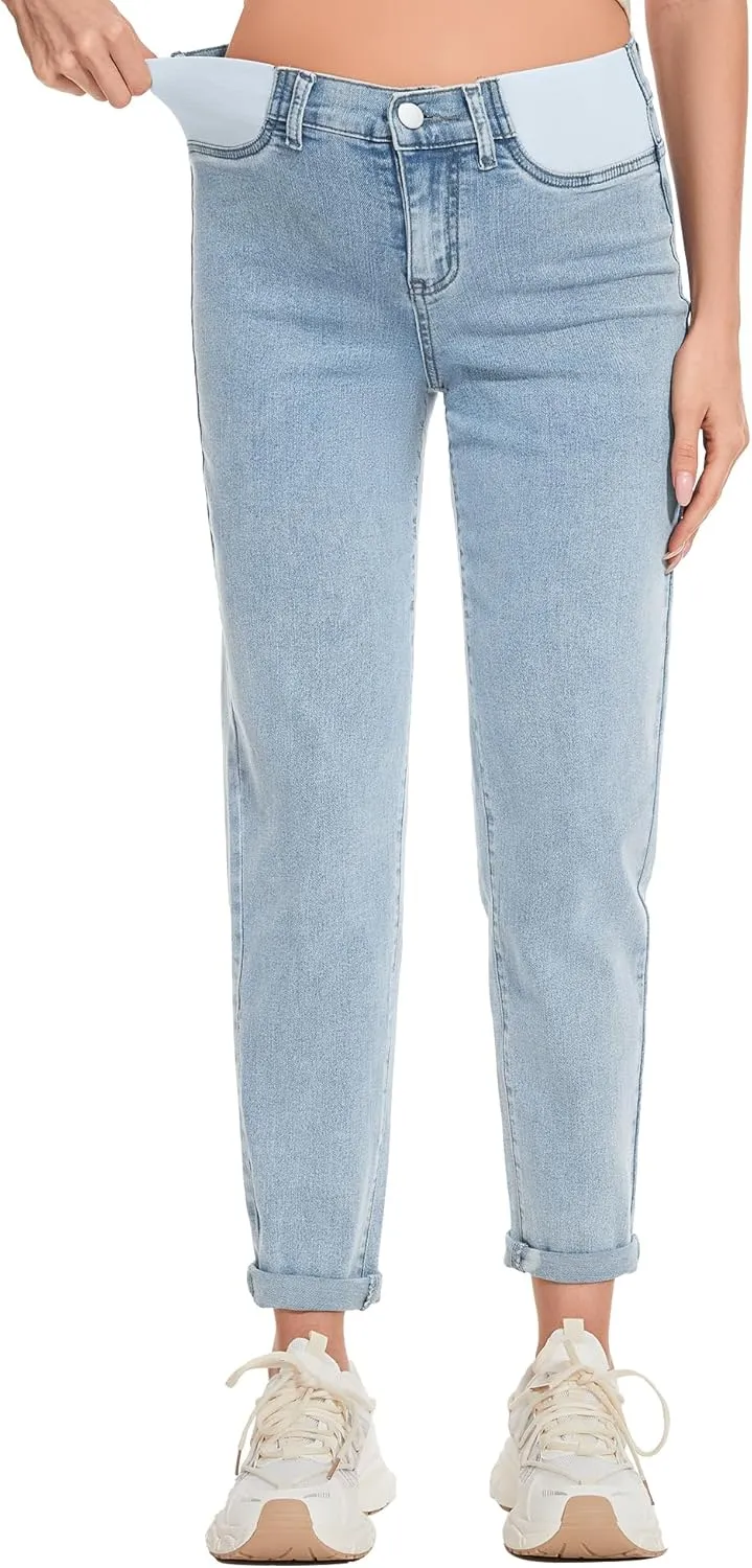 FABRACK Women's Maternity Jeans Mid-Rise Stretchy Boyfriend Jeans Under Belly Pregnancy Denim Pants with Elastic Inset Panel