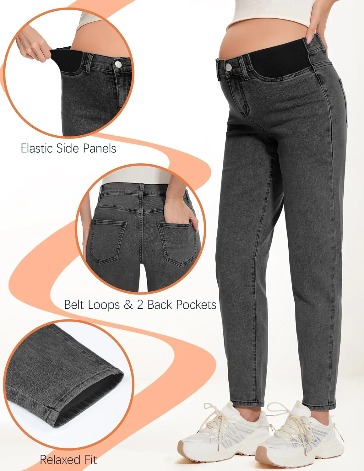FABRACK Women's Maternity Jeans Mid-Rise Stretchy Boyfriend Jeans Under Belly Pregnancy Denim Pants with Elastic Inset Panel