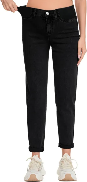 FABRACK Women's Maternity Jeans Mid-Rise Stretchy Boyfriend Jeans Under Belly Pregnancy Denim Pants with Elastic Inset Panel