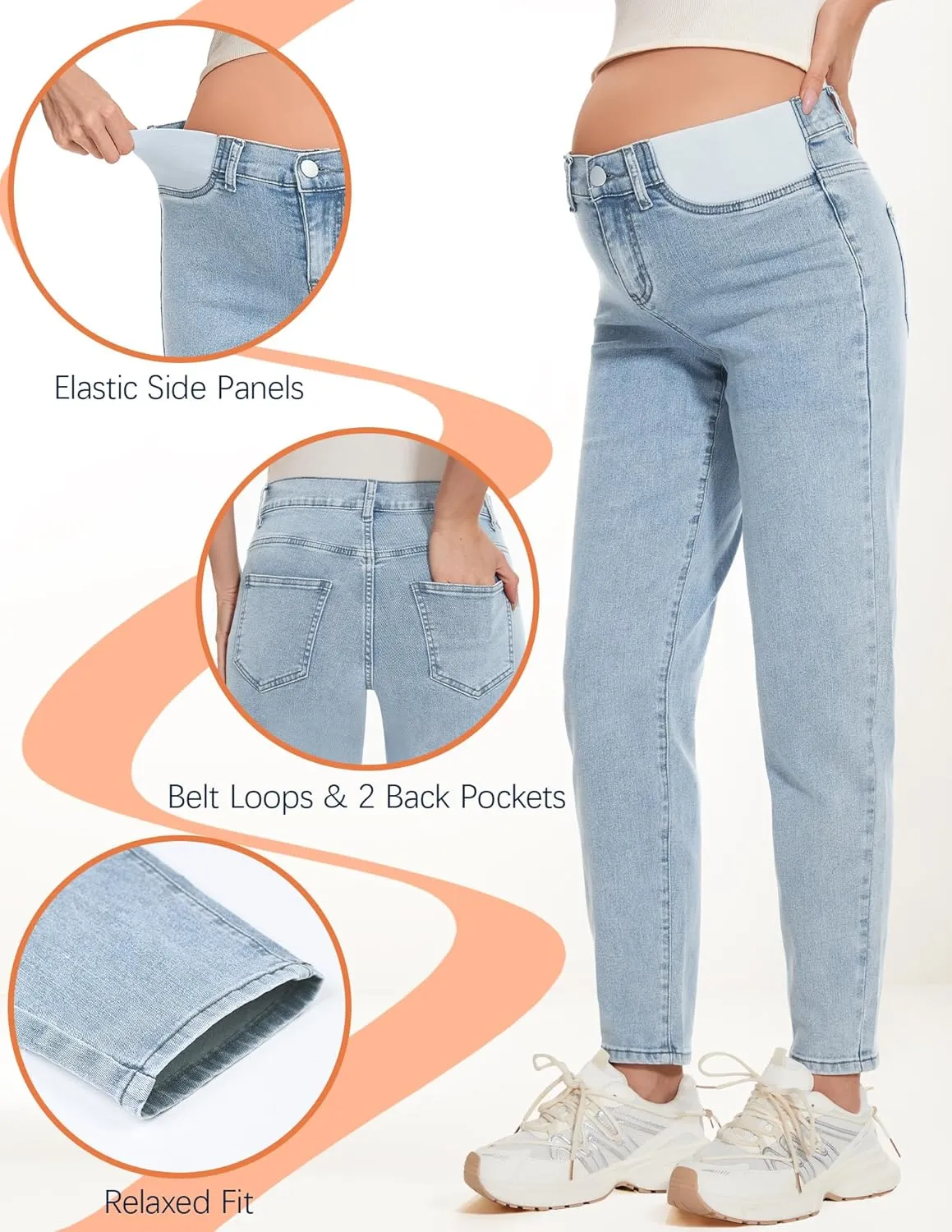 FABRACK Women's Maternity Jeans Mid-Rise Stretchy Boyfriend Jeans Under Belly Pregnancy Denim Pants with Elastic Inset Panel