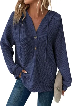 Fall Hoodies for Women Waffle Knit Raglan Long Sleeve Tops V Neck Button Down Shirts Hooded Tunic Pullover Sweaters