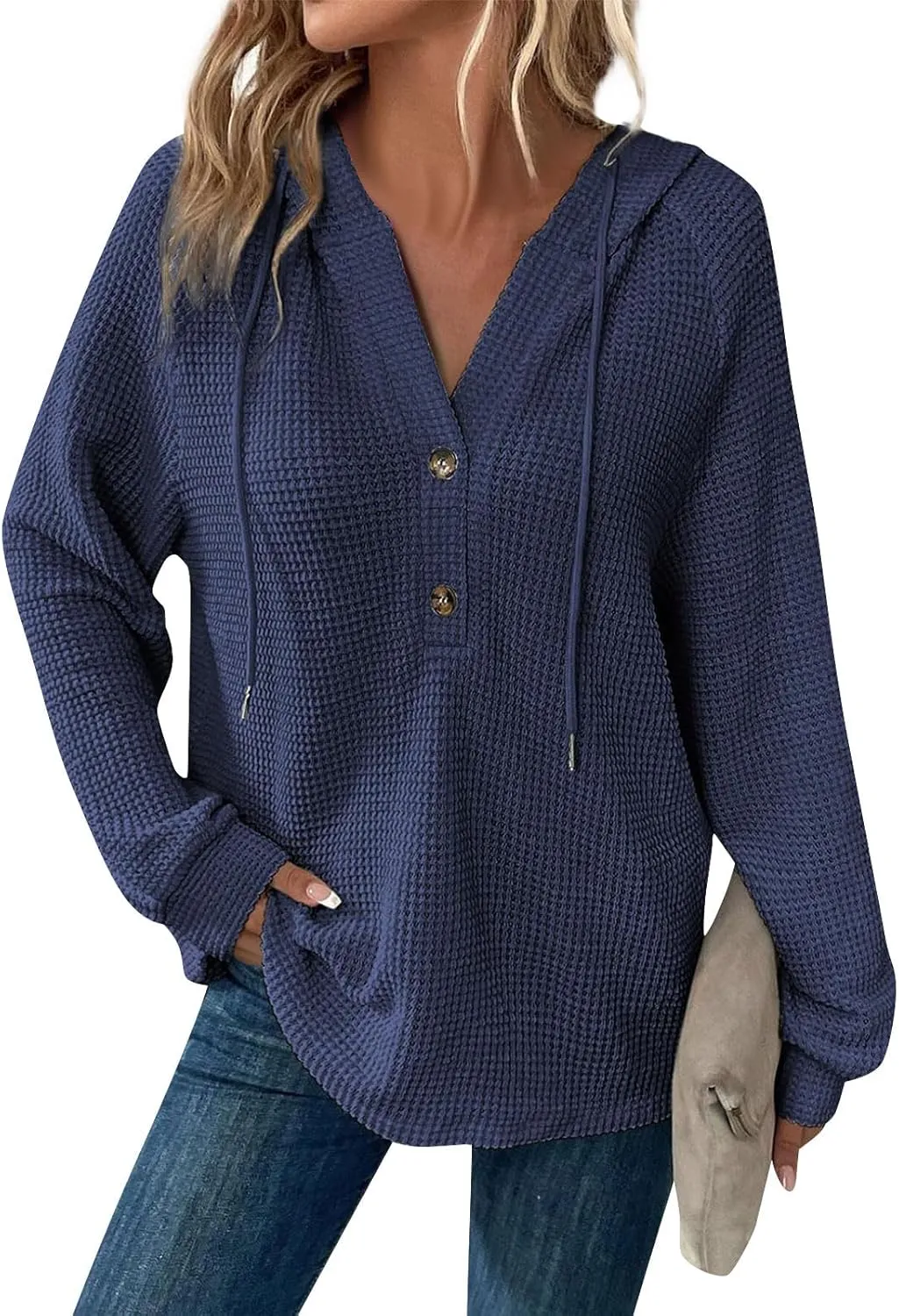 Fall Hoodies for Women Waffle Knit Raglan Long Sleeve Tops V Neck Button Down Shirts Hooded Tunic Pullover Sweaters