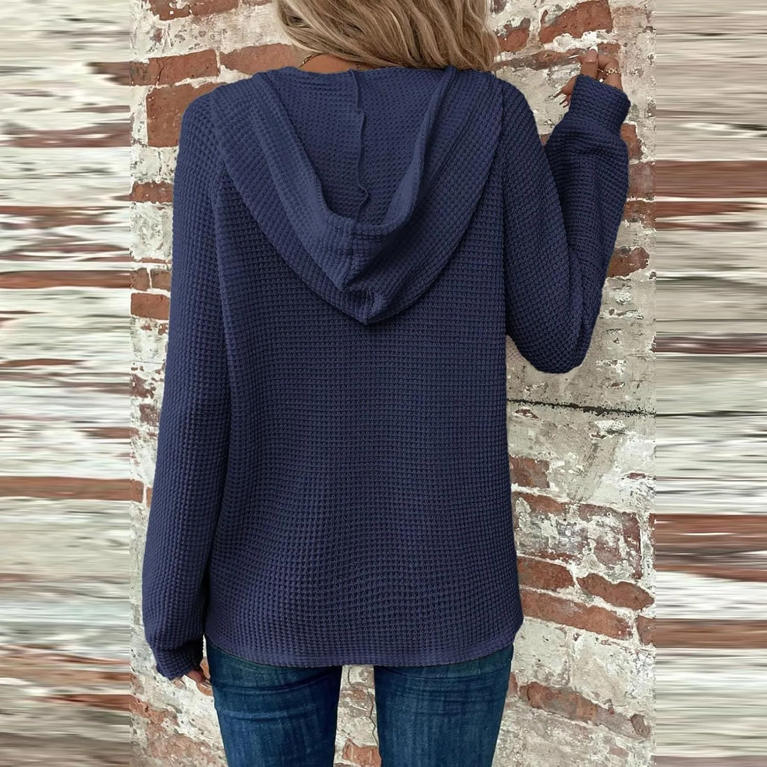 Fall Hoodies for Women Waffle Knit Raglan Long Sleeve Tops V Neck Button Down Shirts Hooded Tunic Pullover Sweaters