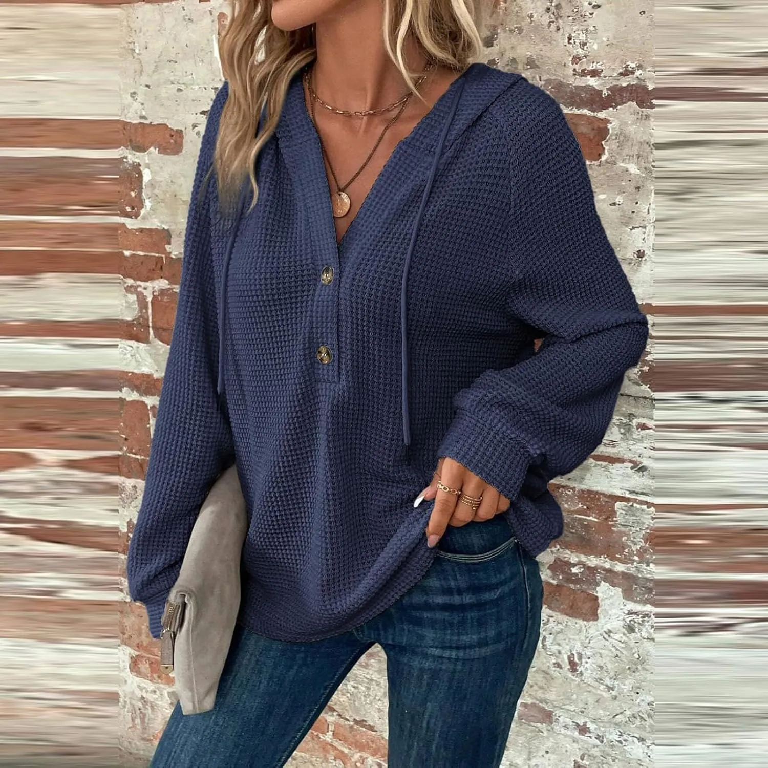 Fall Hoodies for Women Waffle Knit Raglan Long Sleeve Tops V Neck Button Down Shirts Hooded Tunic Pullover Sweaters