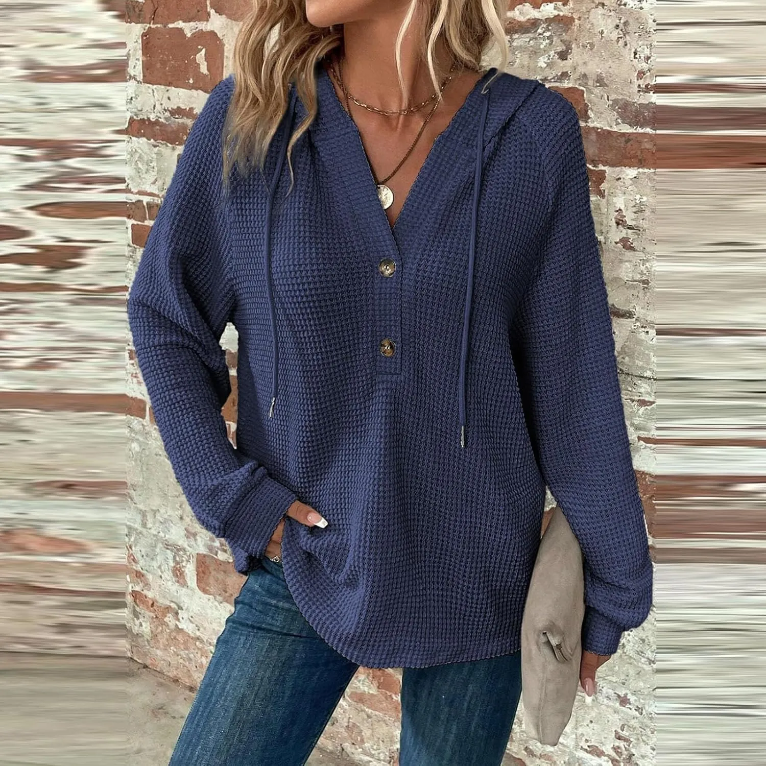 Fall Hoodies for Women Waffle Knit Raglan Long Sleeve Tops V Neck Button Down Shirts Hooded Tunic Pullover Sweaters