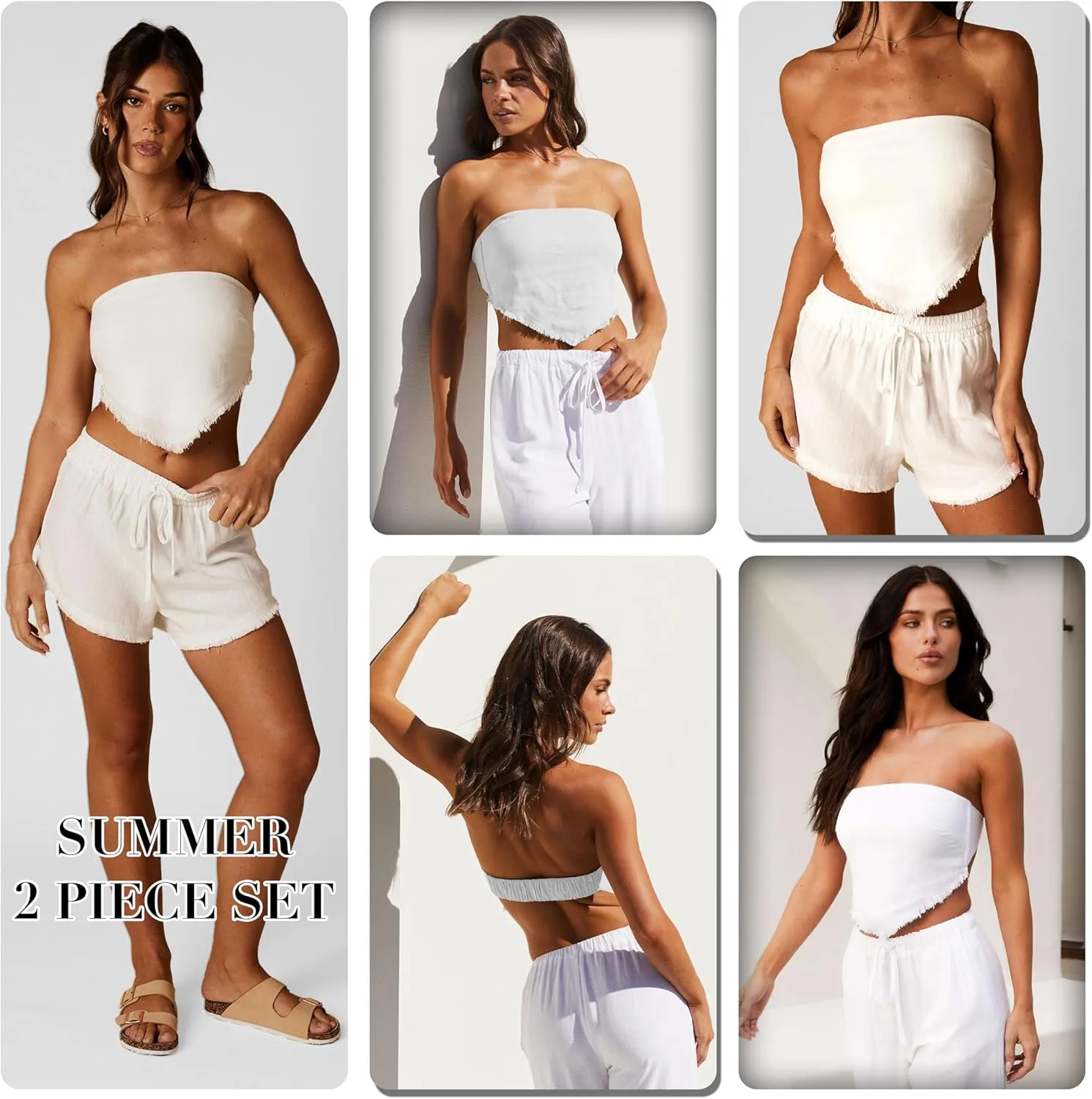 Famulily Womens Sexy Summer Two Piece Outfits Backless Crop Tube Tops and Drawstring Shorts Linen Skort 2 Piece Vacation Sets