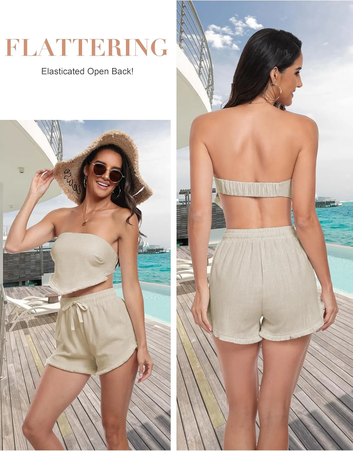 Famulily Womens Sexy Summer Two Piece Outfits Backless Crop Tube Tops and Drawstring Shorts Linen Skort 2 Piece Vacation Sets