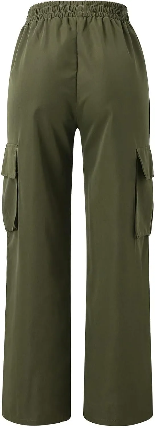 fanmpghleoo Baggy Cargo Pants Women High Waist Elastic Casual Wide Leg Pants Pull On Lightweight Hiking Trousers with Pockets