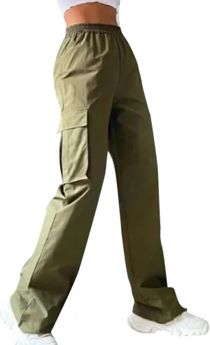 fanmpghleoo Baggy Cargo Pants Women High Waist Elastic Casual Wide Leg Pants Pull On Lightweight Hiking Trousers with Pockets