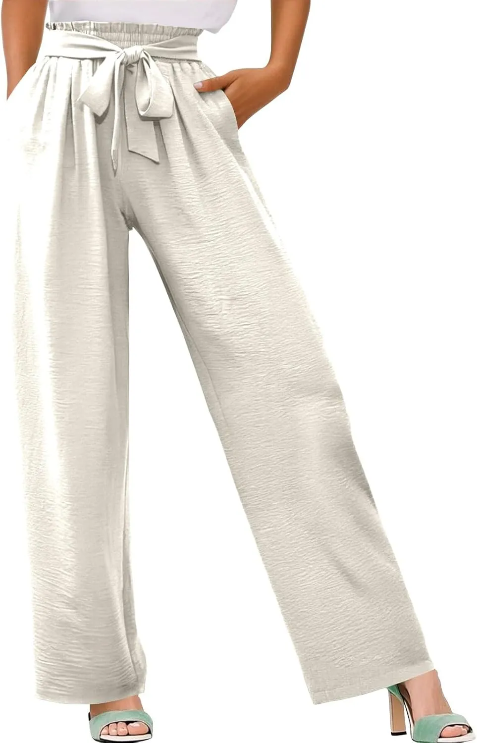 fanmpghleoo Wide Leg Linen Pants for Women Plus Size High Waisted Palazzo Pants Dressy Beach Comfy Lounge Pants with Pockets