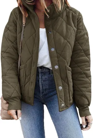 Fazortev Womens Dolman Quilted Jackets Casual Button Down Winter Long Sleeve Stand Neck Lightweight Warm Coat