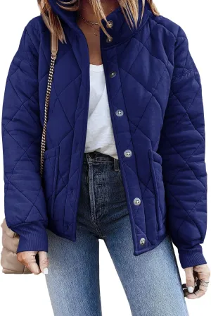 Fazortev Womens Dolman Quilted Jackets Casual Button Down Winter Long Sleeve Stand Neck Lightweight Warm Coat