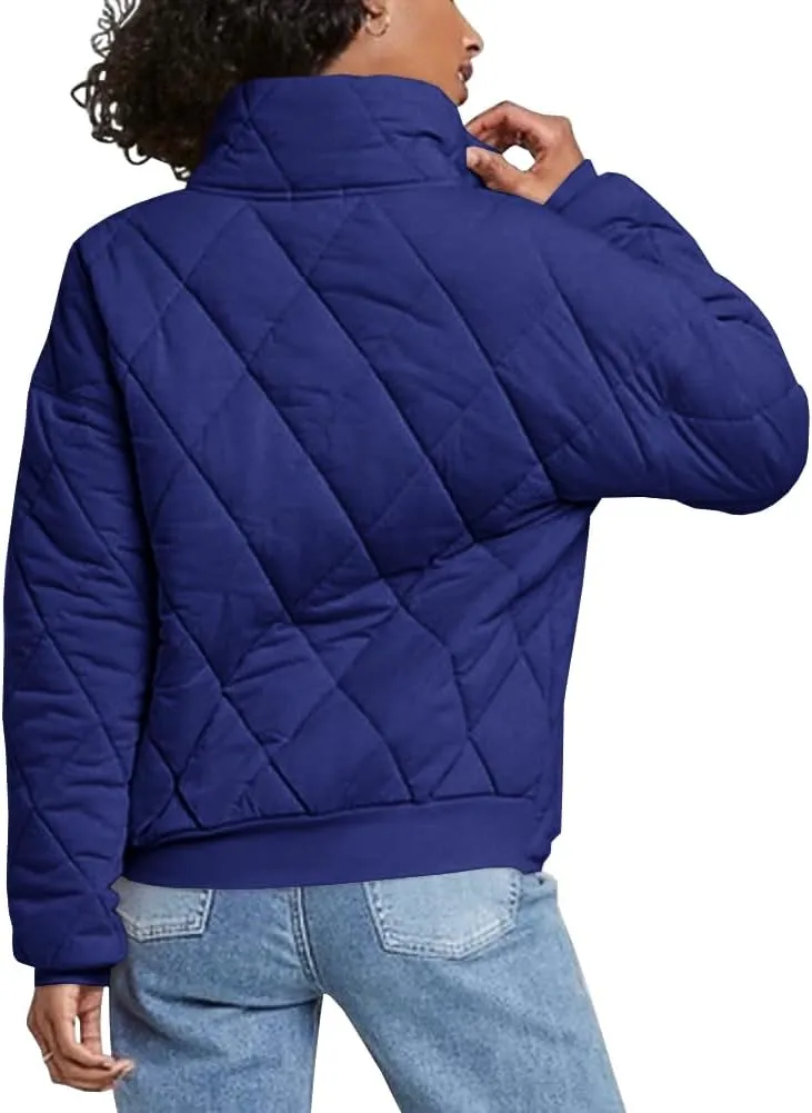 Fazortev Womens Dolman Quilted Jackets Casual Button Down Winter Long Sleeve Stand Neck Lightweight Warm Coat