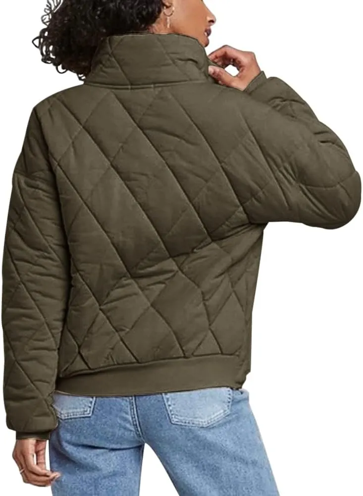 Fazortev Womens Dolman Quilted Jackets Casual Button Down Winter Long Sleeve Stand Neck Lightweight Warm Coat