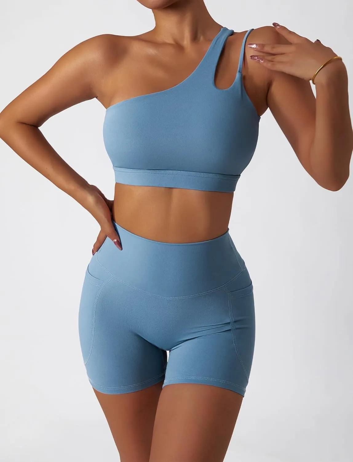 FEOYA One Shoulder Double Strap Sports Bra for Women Asymmetrical Padded Workout Yoga Bra