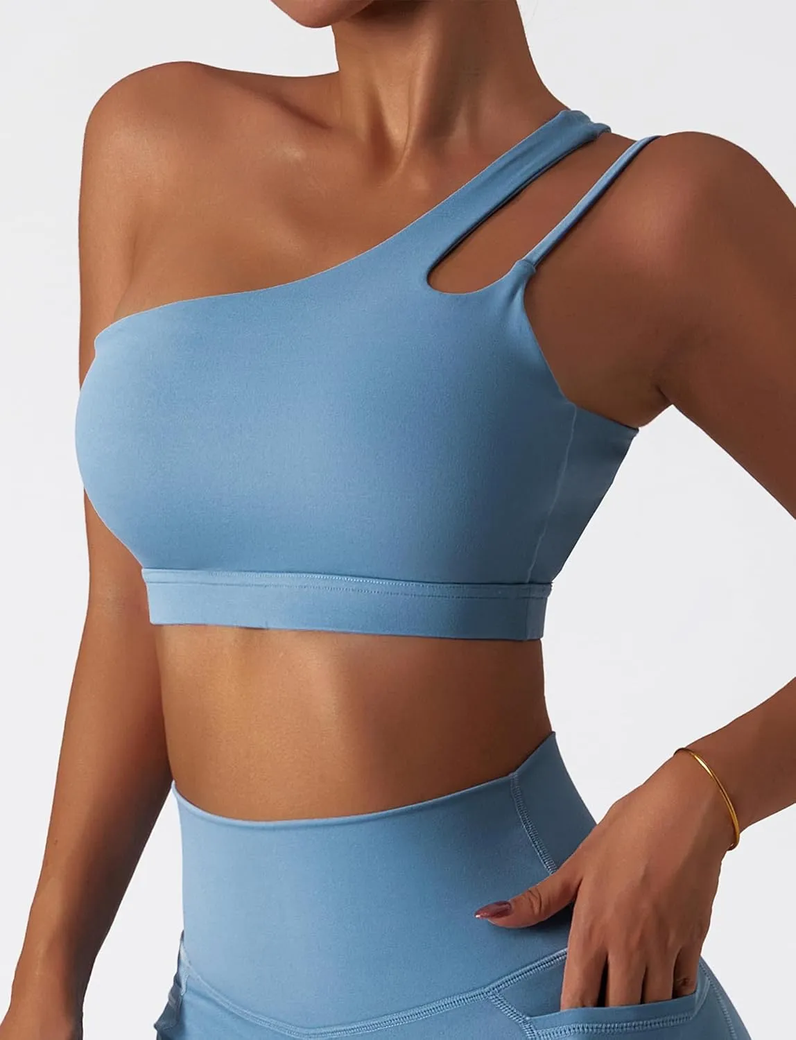 FEOYA One Shoulder Double Strap Sports Bra for Women Asymmetrical Padded Workout Yoga Bra