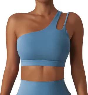 FEOYA One Shoulder Double Strap Sports Bra for Women Asymmetrical Padded Workout Yoga Bra