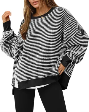 Fisoew Women's Fall Oversized Sweatshirt Casual Waffle Knit Long Sleeve Crewneck Split Pullover Tunic Tops