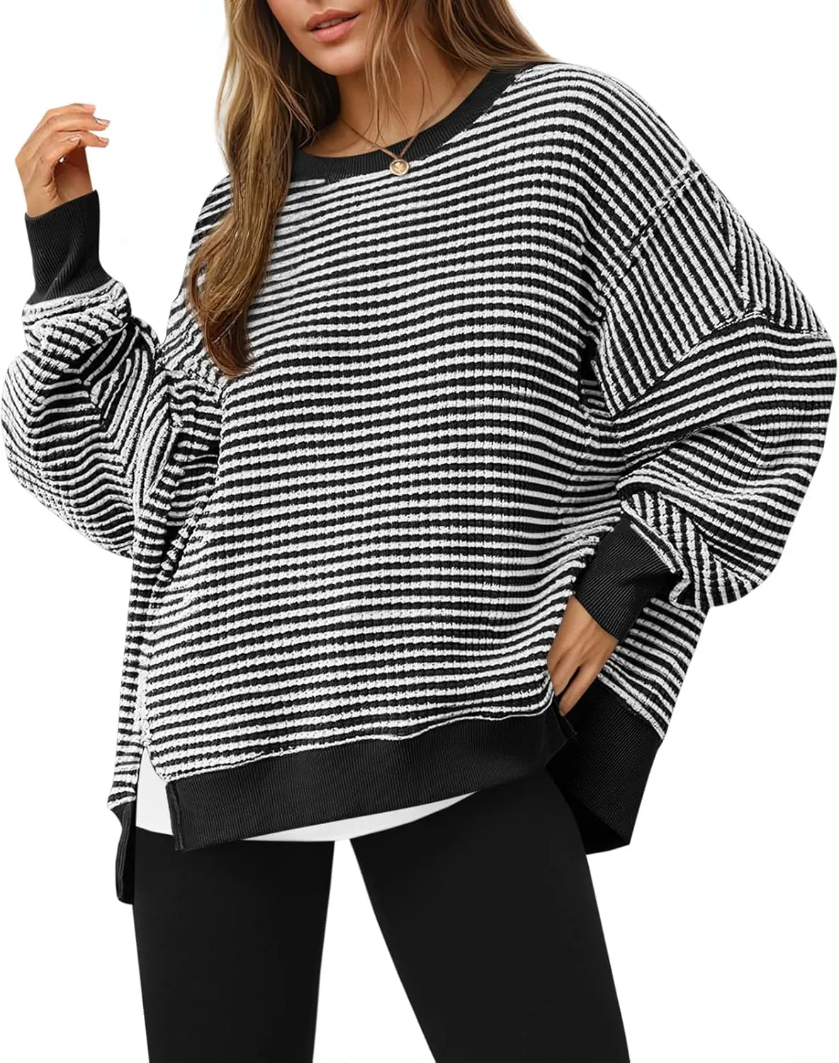 Fisoew Women's Fall Oversized Sweatshirt Casual Waffle Knit Long Sleeve Crewneck Split Pullover Tunic Tops