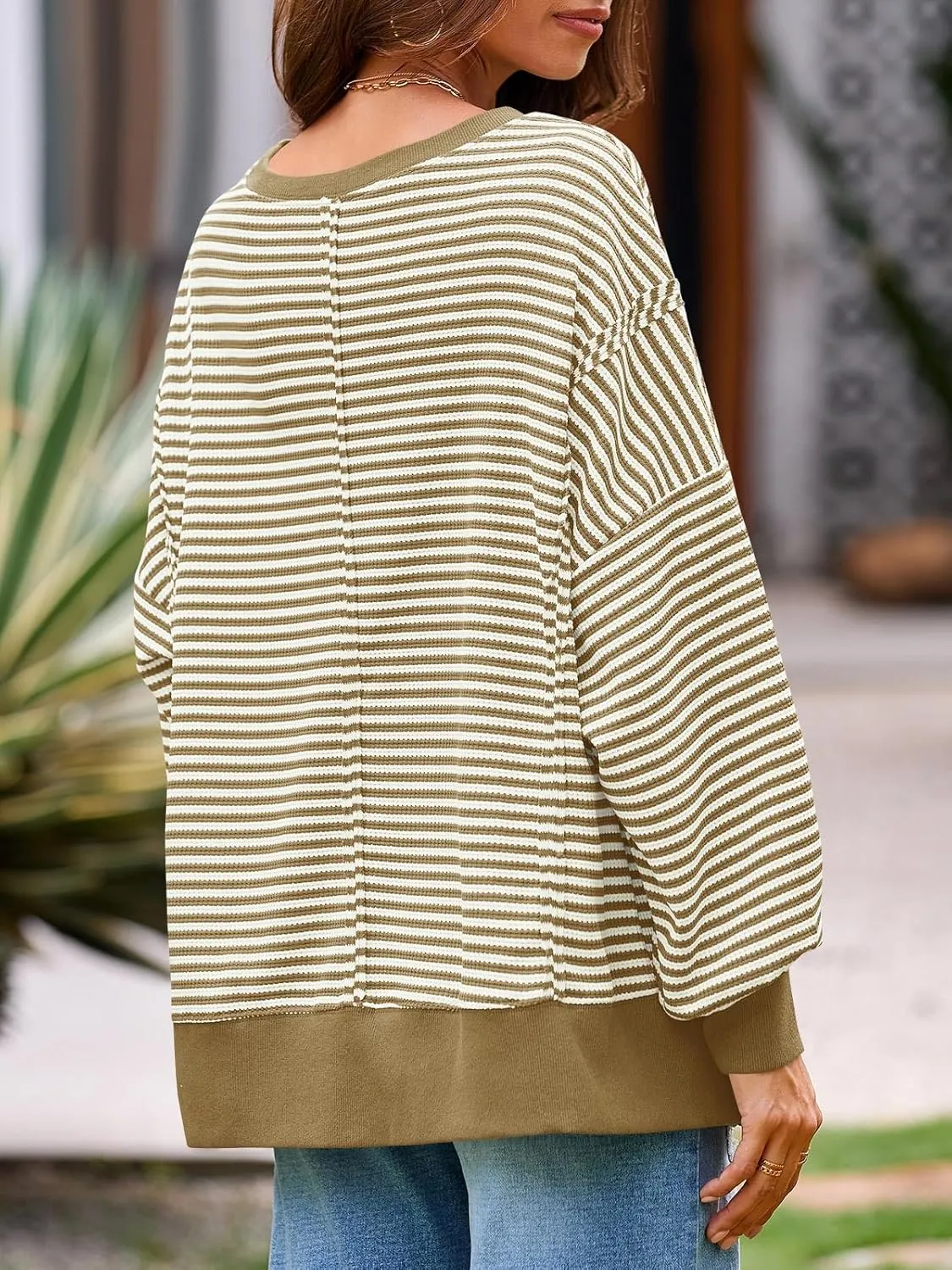 Fisoew Women's Fall Oversized Sweatshirt Casual Waffle Knit Long Sleeve Crewneck Split Pullover Tunic Tops