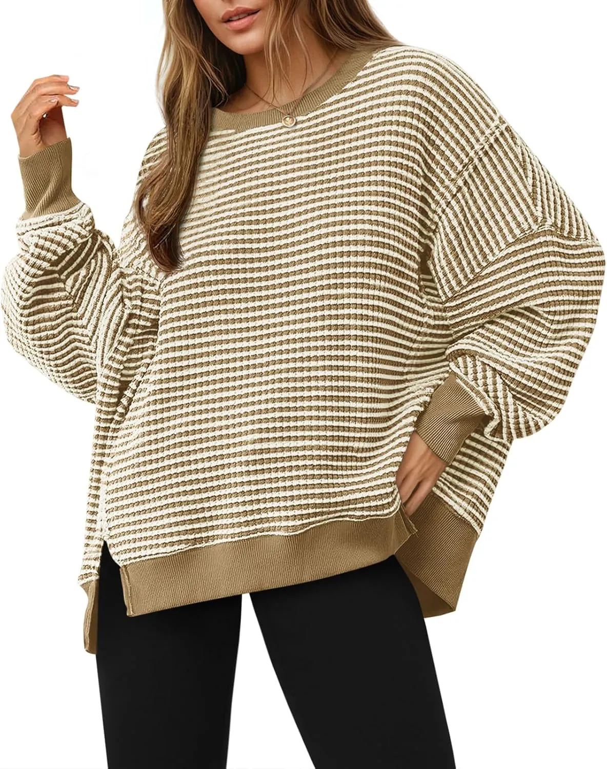 Fisoew Women's Fall Oversized Sweatshirt Casual Waffle Knit Long Sleeve Crewneck Split Pullover Tunic Tops