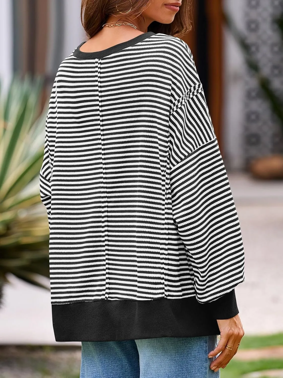 Fisoew Women's Fall Oversized Sweatshirt Casual Waffle Knit Long Sleeve Crewneck Split Pullover Tunic Tops