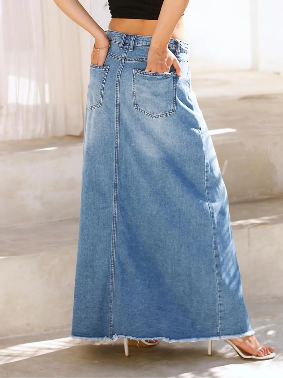 Fisoew Women's Vintage Denim Maxi Skirt Casual High Waist A-Line Frayed Hem Long Jean Skirt with Pockets