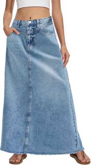 Fisoew Women's Vintage Denim Maxi Skirt Casual High Waist A-Line Frayed Hem Long Jean Skirt with Pockets