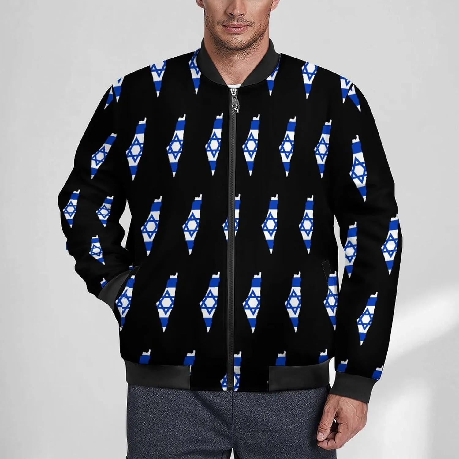 Flag Map of Israel Men's Bomber Jacket Lightweight Windbreaker Fashion Spring Fall Coats Casual Jackets for Men