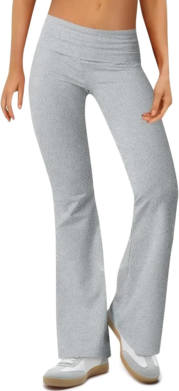 Flare Leggings for Women Stretch Skinny Fold Over Yoga Pants Elastic High Waisted Pull on Bell Bottom Pants