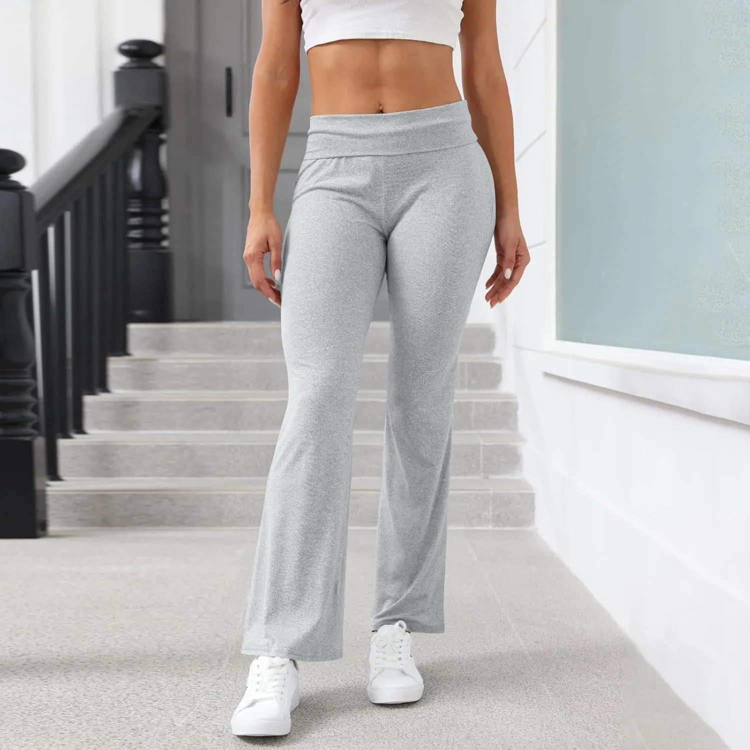 Flare Leggings for Women Stretch Skinny Fold Over Yoga Pants Elastic High Waisted Pull on Bell Bottom Pants