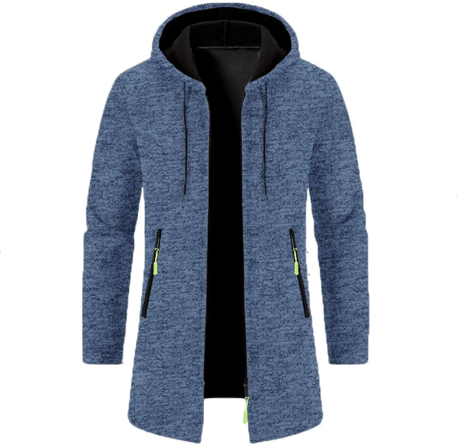 Fleece Hoodies for Men Knit Cardigan Long Jacket Long Sleeve Drawstring Overcoat Fashion Warm Coat with Zipper Pockets