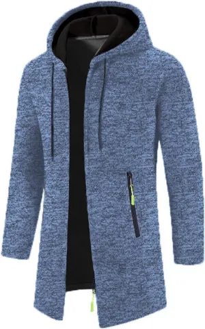 Fleece Hoodies for Men Knit Cardigan Long Jacket Long Sleeve Drawstring Overcoat Fashion Warm Coat with Zipper Pockets