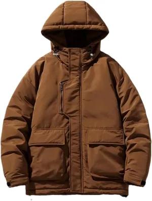 Fnfmrfmr Men Solid Zipper Cotton Coats Long Sleeve Pocket Loose Padded Warm Hooded Jacket Outwear