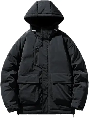 Fnfmrfmr Men Solid Zipper Cotton Coats Long Sleeve Pocket Loose Padded Warm Hooded Jacket Outwear