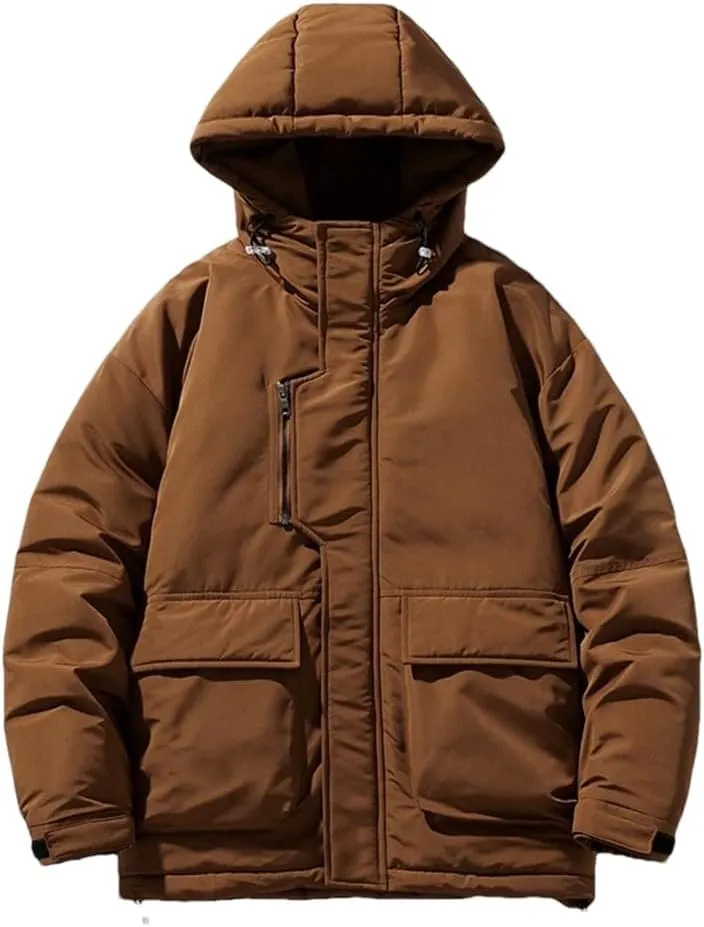 Fnfmrfmr Men Solid Zipper Cotton Coats Long Sleeve Pocket Loose Padded Warm Hooded Jacket Outwear