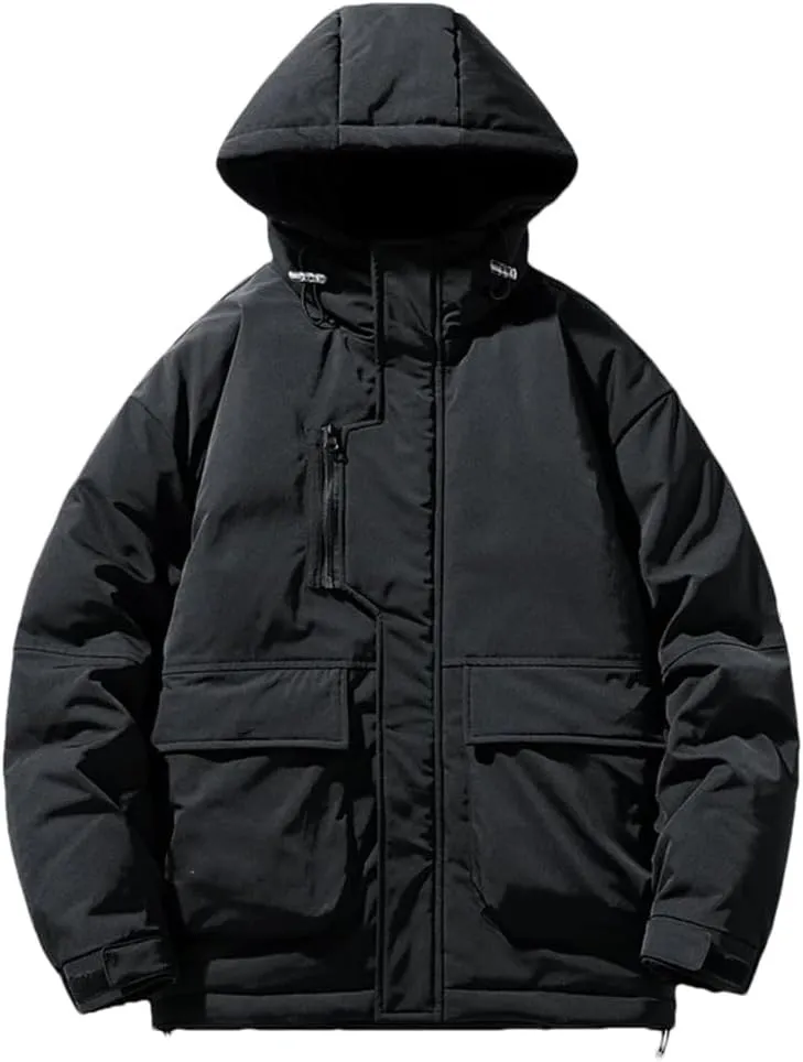 Fnfmrfmr Men Solid Zipper Cotton Coats Long Sleeve Pocket Loose Padded Warm Hooded Jacket Outwear
