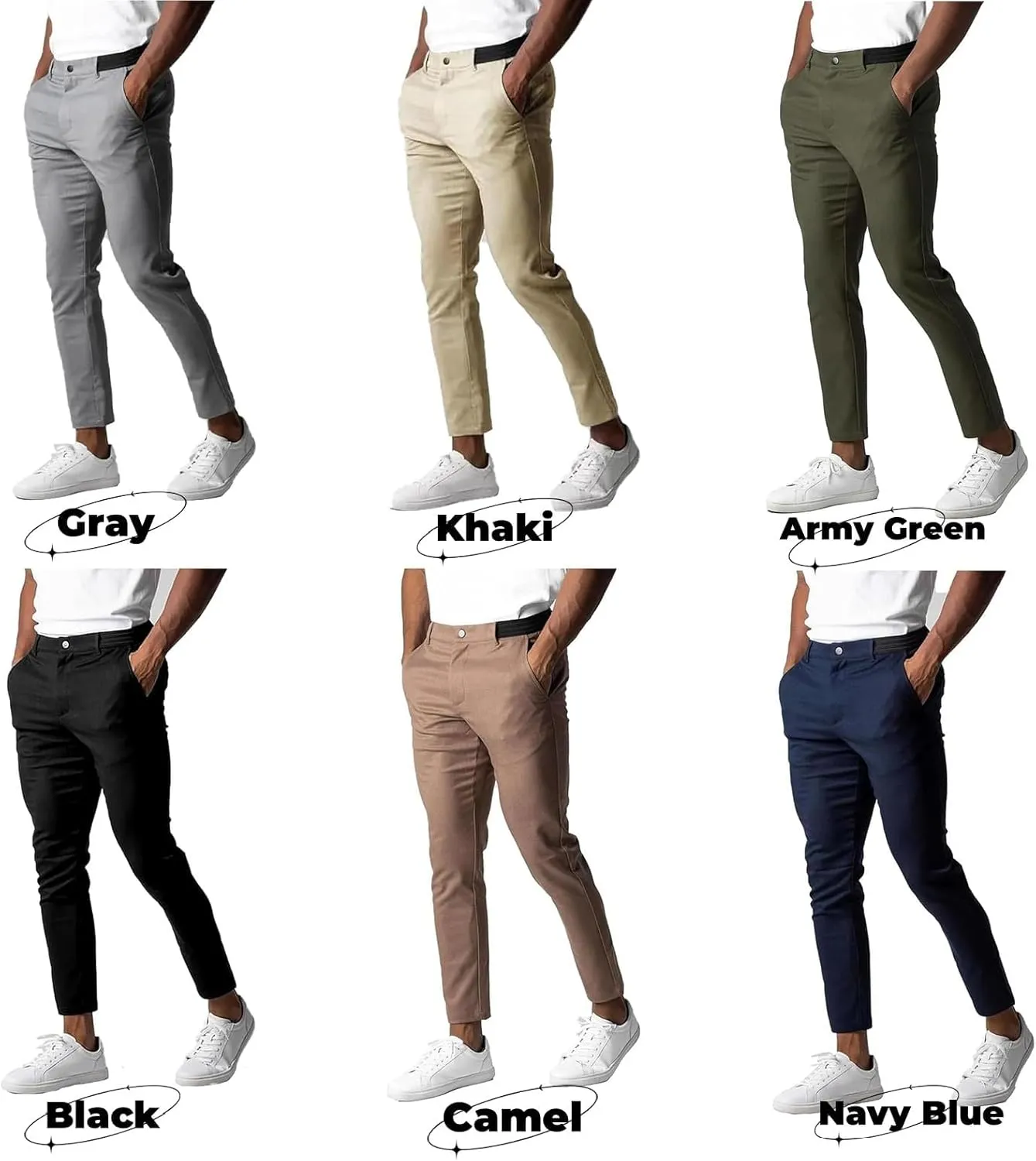 Foueo Active Chinos, Fit Chinos Solid Pants for Men, Men's Chino Pants Casual Stretch Waist Tapered Trousers Dress