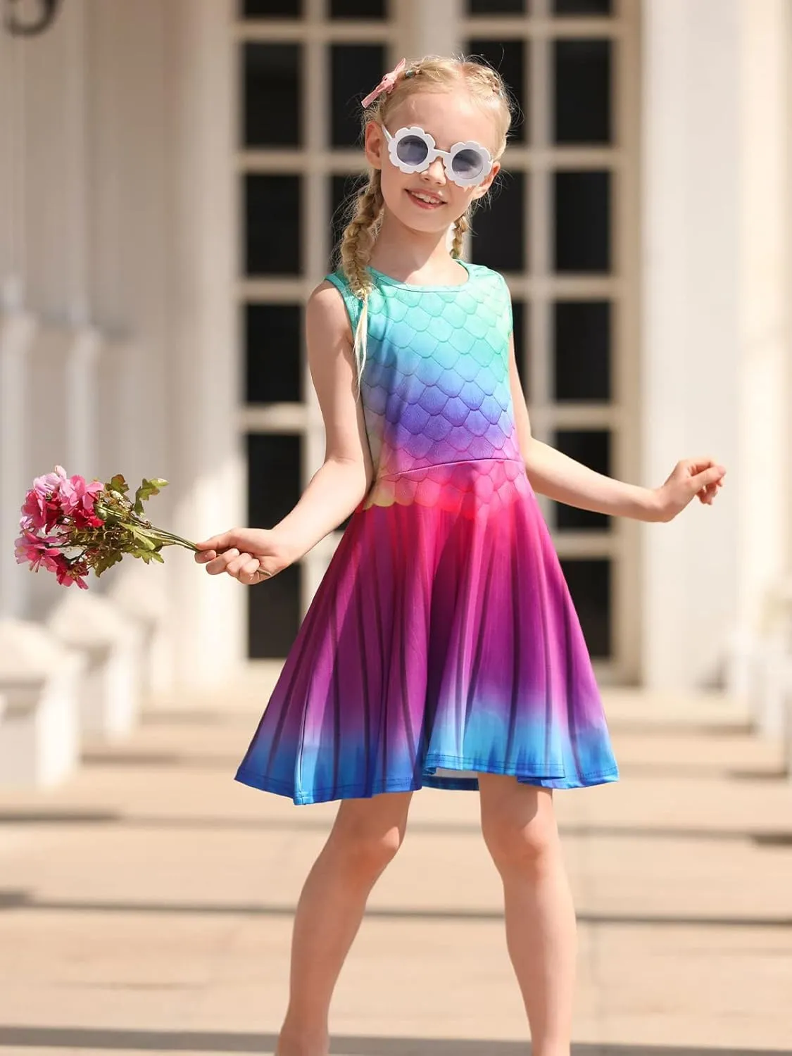 Funnycokid Mermaid Dress Girls Kids Summer Sleeveless Sundress Birthday Outfit Twirly Party Clothes 4-13 Years
